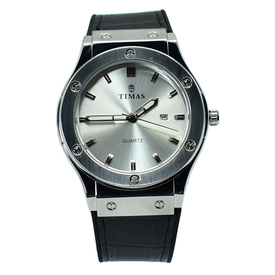 Timas Silver & Black Leather Strap Watch for Men